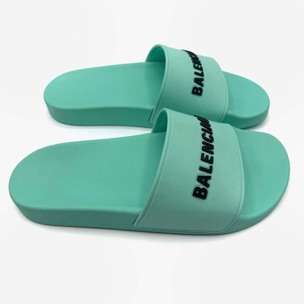 NEW Balenciaga Blue Green Mint Rubber Opened Toe Pool Slides Sandals Flats Shoes - Picture 2 of 12